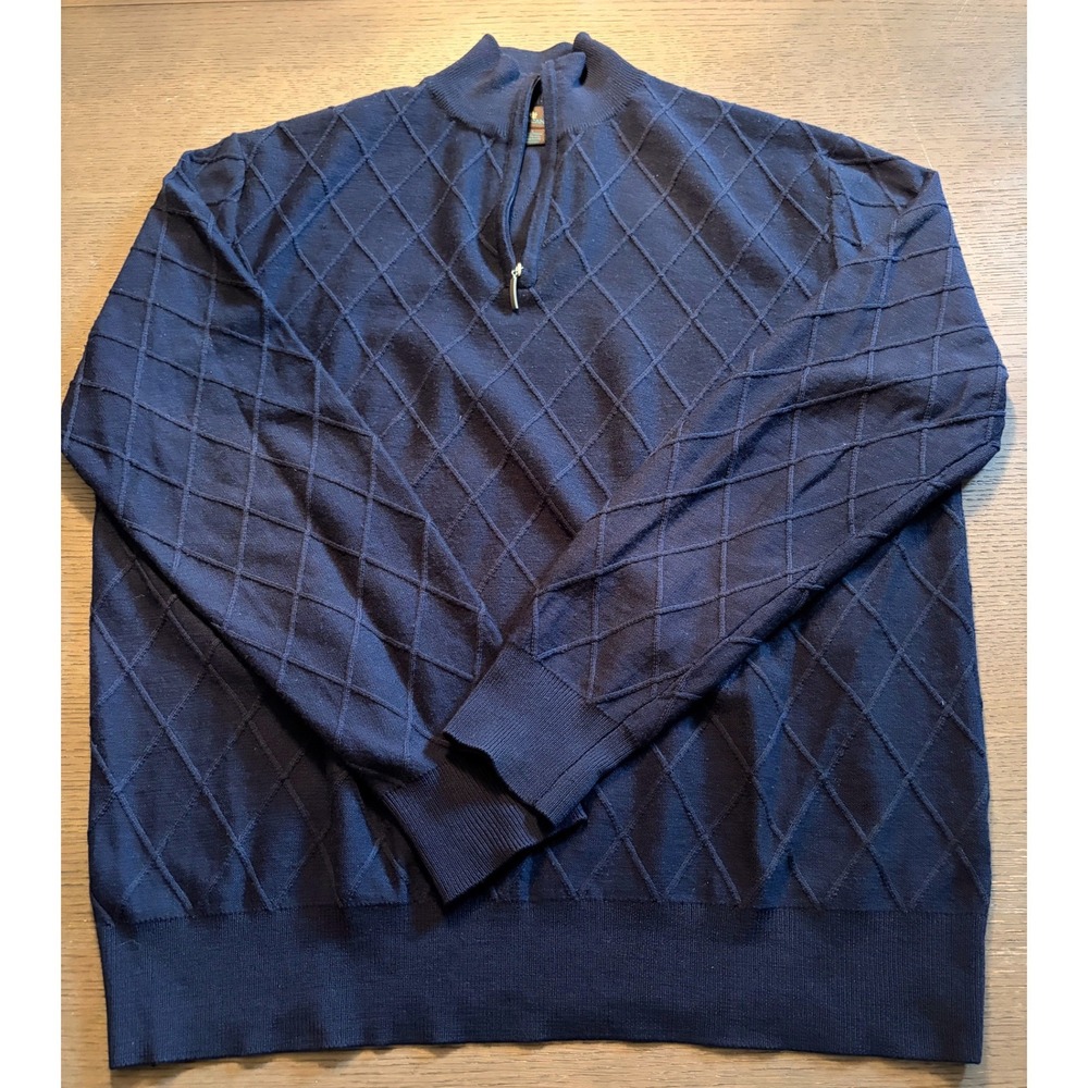 Toscano Patrick Assaraf Mens Navy Extrafine Merino Wool Diamond Quarter Zip L